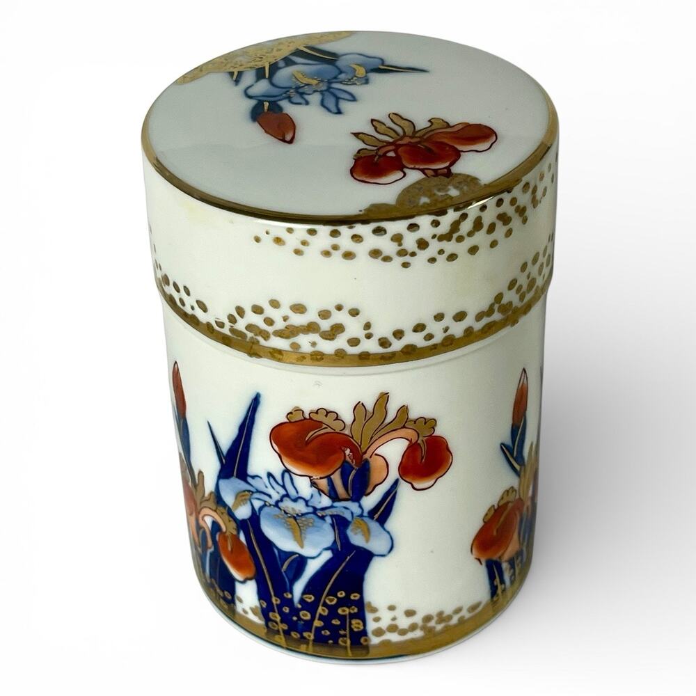 Vintage Gold Imari Japan Hand Painted Porcelain Tea Caddy Spice Lidded Jar Iris